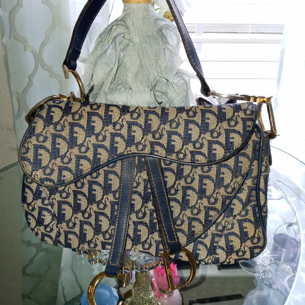 Christian Dior Vintage Double Navy Saddle Bag
